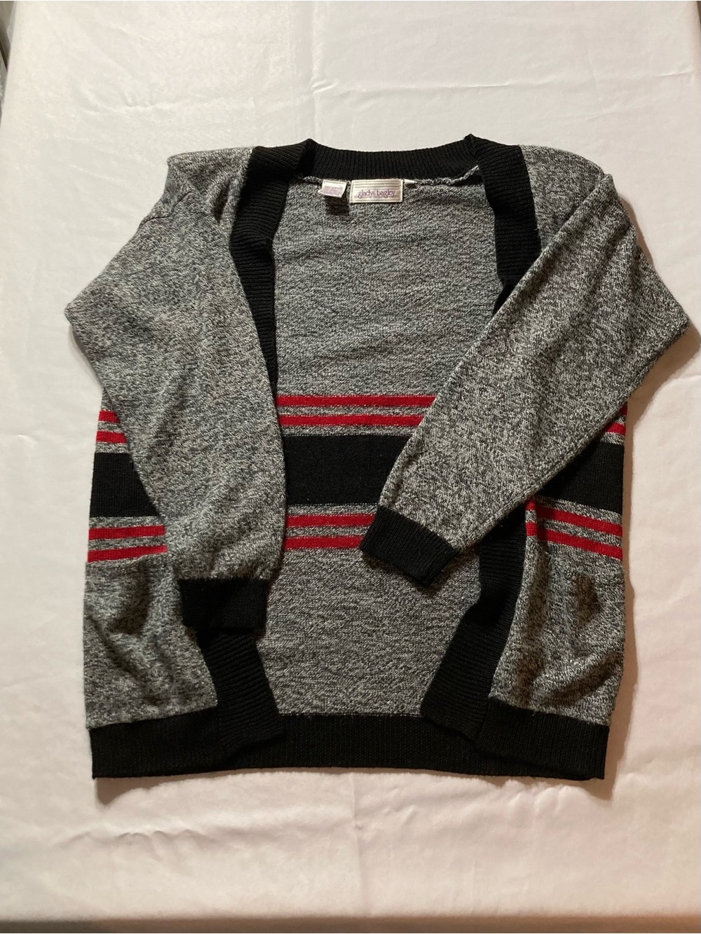 Women’s Gray Open-Front Cardigan with Black & Red Stripes